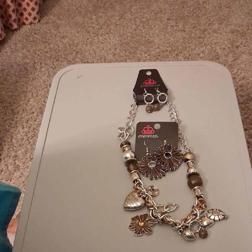 Paparazzi Silver and Brown Charm Necklace Set